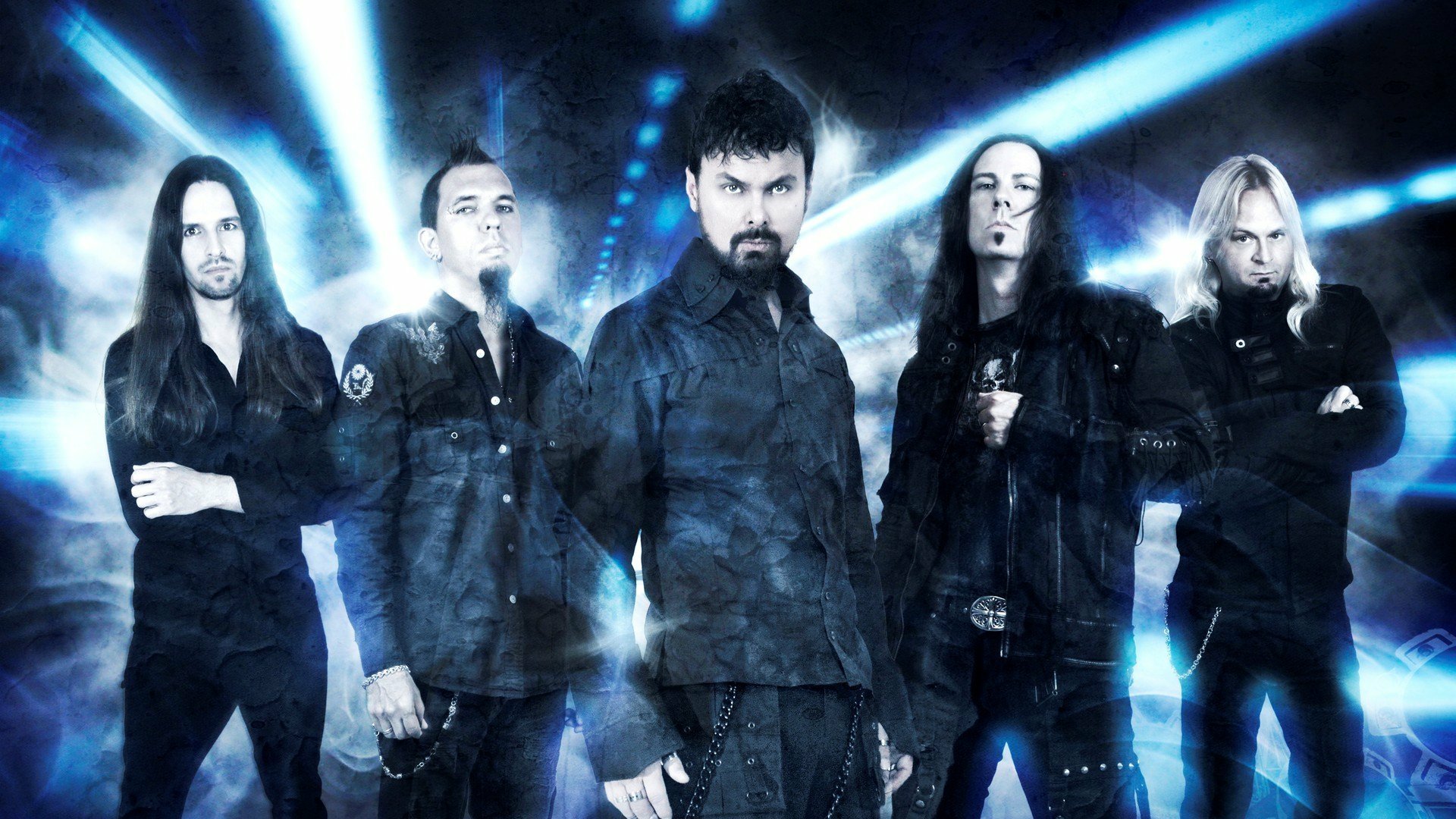 HD PC desktop wallpaper featuring the band Kamelot with a blue light background, highlighting the music group's intense and dramatic presence.