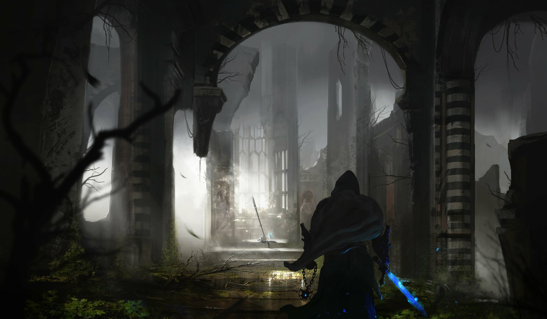 A fantasy warrior with a glowing magic sword stands in the shadowy ruins of an ancient, crumbling structure, surrounded by mist and eerie light.