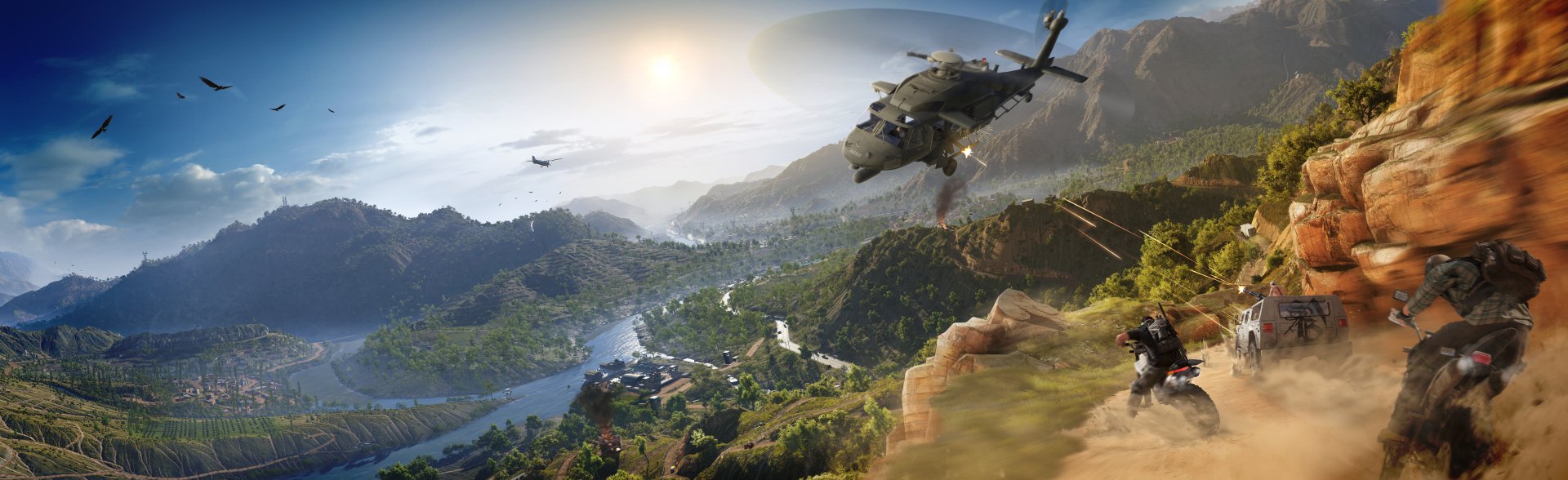 5K Ultra HD PC desktop wallpaper from the video game Tom Clancy’s Ghost Recon Wildlands: a military helicopter hovers over a sunlit mountainous valley and winding river as soldiers scout a ridge.