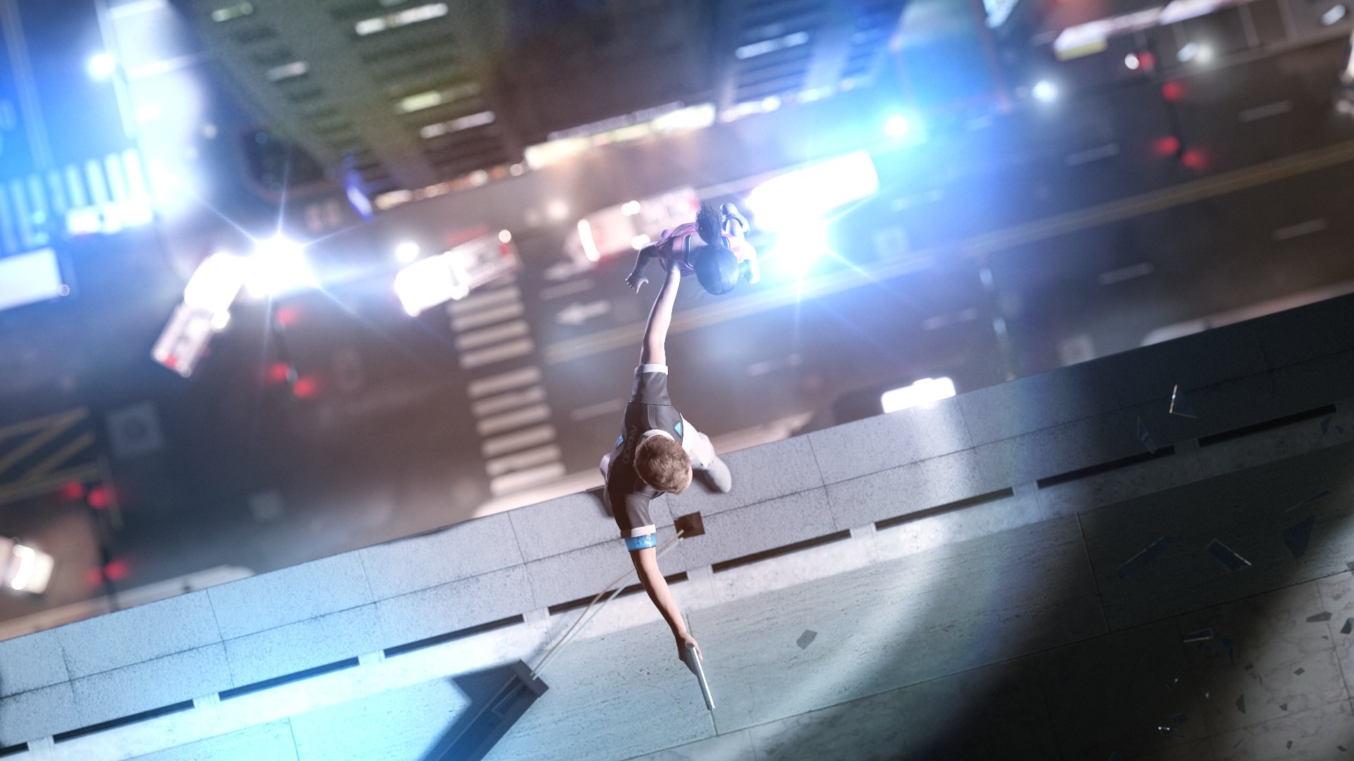 HD PC desktop wallpaper featuring a dynamic scene from the video game Detroit: Become Human, showing a character descending a building at night with blurred city lights below.