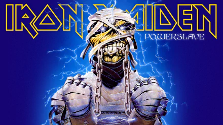 A high-definition desktop wallpaper featuring Iron Maiden's iconic Powerslave artwork, showcasing a mummified figure against a striking blue background, embodying heavy metal music.