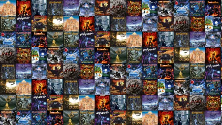 A vibrant collage of heavy metal album covers, showcasing iconic art and themes, serves as a dynamic HD PC desktop wallpaper and background for music enthusiasts.