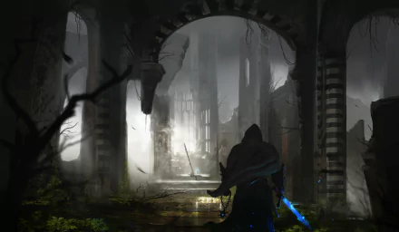 A fantasy warrior with a glowing magic sword stands in the shadowy ruins of an ancient, crumbling structure, surrounded by mist and eerie light.