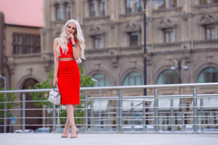 blonde red dress woman model HD Desktop Wallpaper | Background Image