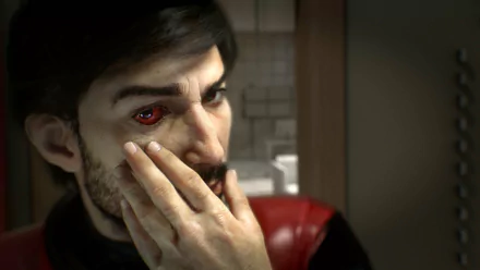 HD PC desktop wallpaper featuring Morgan Yu from the video game Prey, showcasing a close-up of his face with a red mechanical eye.