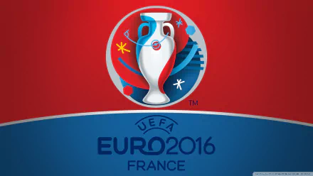 HD PC desktop wallpaper featuring the UEFA Euro 2016 trophy logo with a red and blue background, highlighting soccer and the sports event hosted in France.