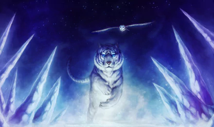 A majestic tiger stands amidst ice formations under a starry night sky with a mystical owl soaring above. Fantasy-themed HD desktop wallpaper and background.