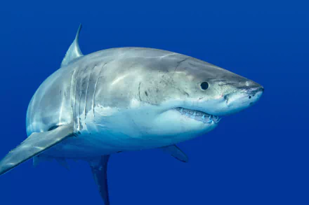 4K Ultra HD desktop wallpaper featuring a close-up of a shark swimming in deep blue ocean water.