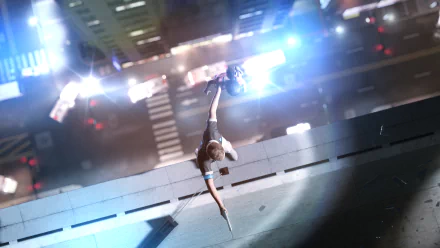 HD PC desktop wallpaper featuring a dynamic scene from the video game Detroit: Become Human, showing a character descending a building at night with blurred city lights below.