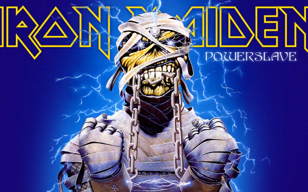 A high-definition desktop wallpaper featuring Iron Maiden's iconic Powerslave artwork, showcasing a mummified figure against a striking blue background, embodying heavy metal music.