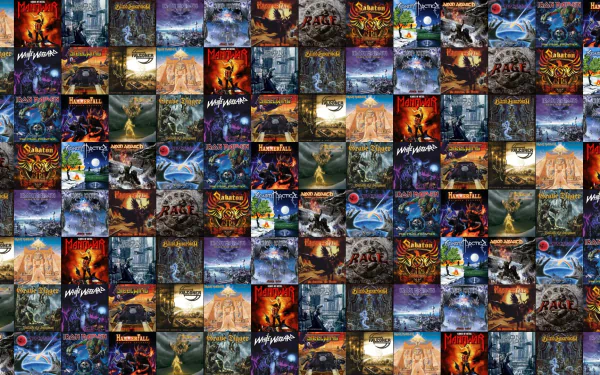 A vibrant collage of heavy metal album covers, showcasing iconic art and themes, serves as a dynamic HD PC desktop wallpaper and background for music enthusiasts.