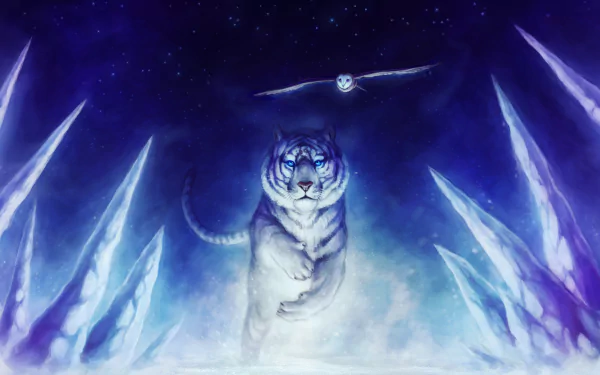 A majestic tiger stands amidst ice formations under a starry night sky with a mystical owl soaring above. Fantasy-themed HD desktop wallpaper and background.