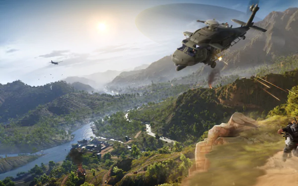 5K Ultra HD PC desktop wallpaper from the video game Tom Clancy’s Ghost Recon Wildlands: a military helicopter hovers over a sunlit mountainous valley and winding river as soldiers scout a ridge.