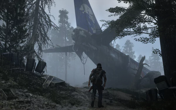 Deacon St. John stands amidst a misty forest, exploring the wreckage of a downed plane in this atmospheric HD wallpaper from the video game Days Gone.