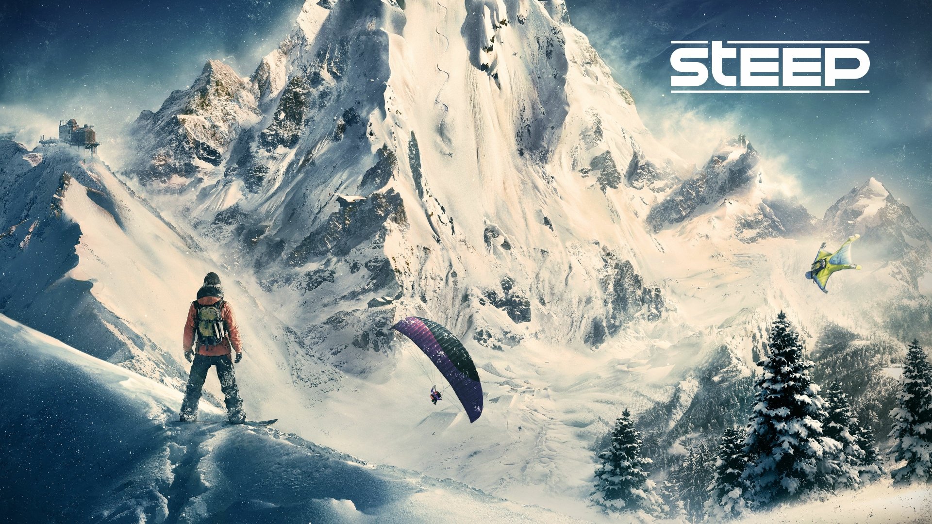 A skier gazes at majestic snow-covered mountains in this 4K Ultra HD wallpaper for the video game Steep, capturing a thrilling winter landscape.