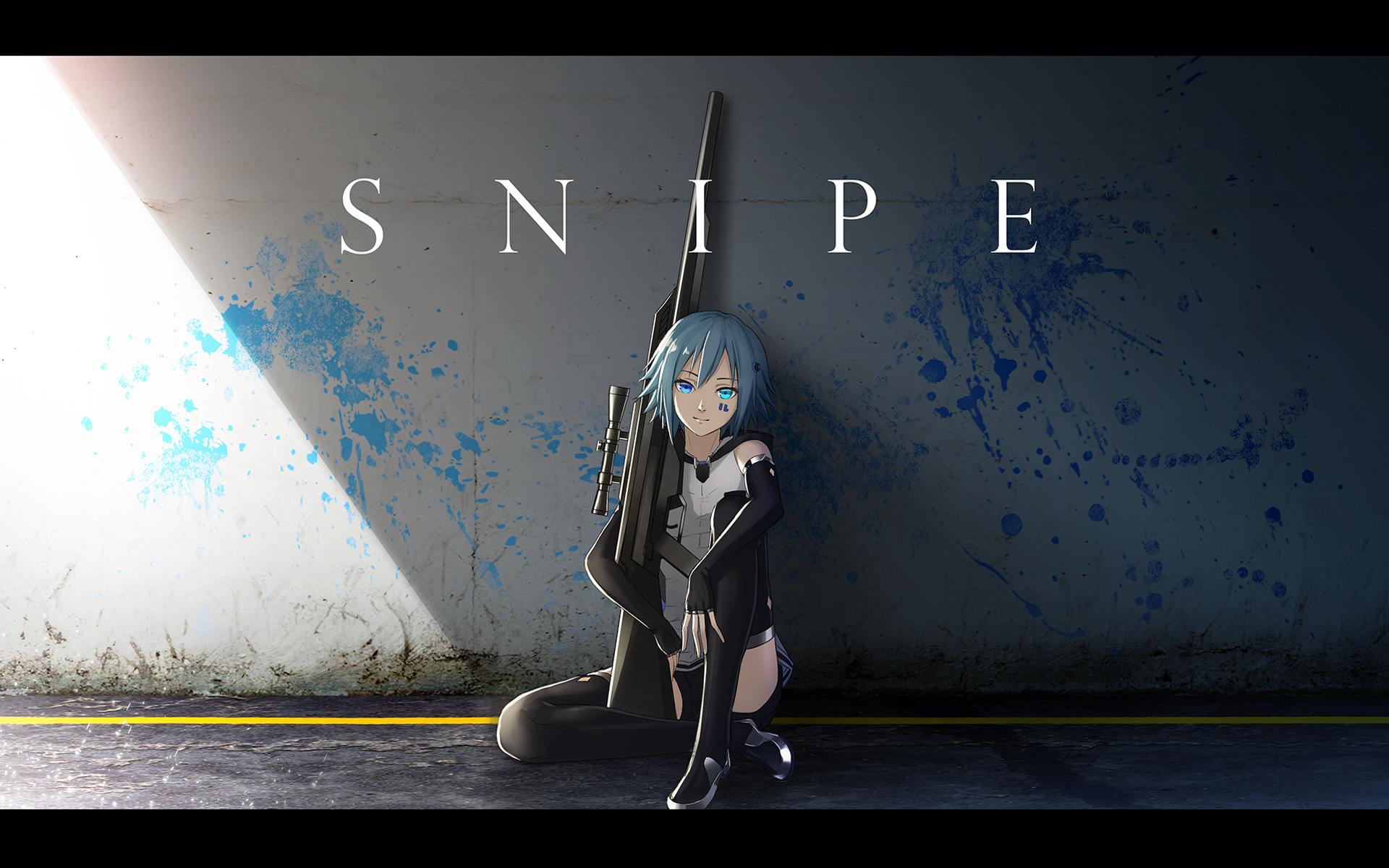 HD anime original desktop wallpaper depicting a blue-haired character sitting with a sniper rifle against a wall splattered with blue paint, under a beam of light.