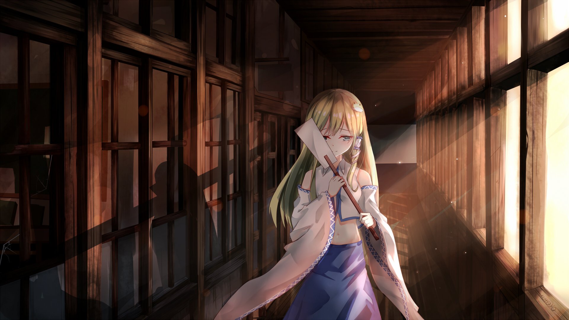 HD PC desktop wallpaper featuring Sanae Kochiya from the anime Touhou, standing in a dimly lit wooden hallway with sunlight streaming through the windows.