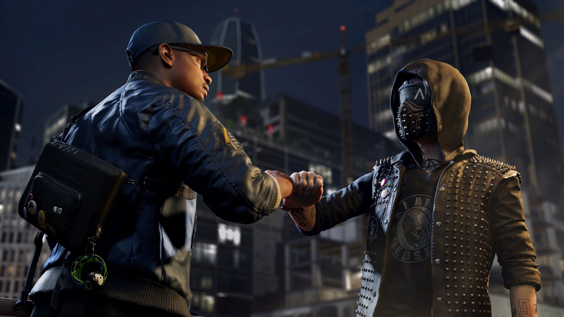 A striking HD wallpaper from Watch Dogs 2, featuring two characters sharing a fist bump against a cityscape backdrop, embodying the game's themes of teamwork and rebellion.