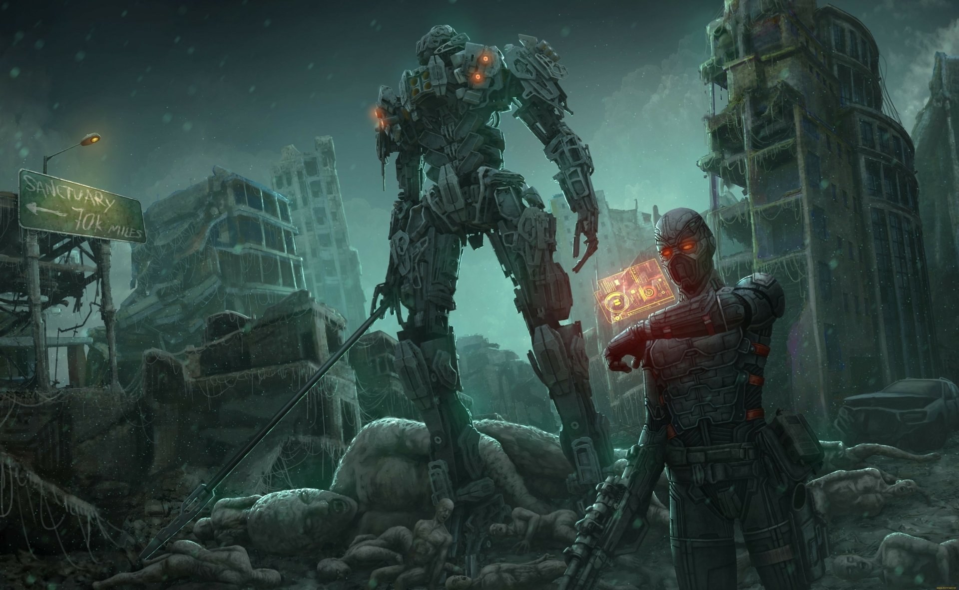 A futuristic mech and armored soldier stand amidst a ruined cityscape, captured in a detailed sci-fi HD PC desktop wallpaper.