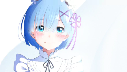 This HD desktop wallpaper features Rem from Re:Zero - Starting Life in Another World with blue hair, aqua eyes, and a blush. She appears tearful and wears a white outfit adorned with purple accessories.