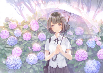 Anime-style original HD desktop wallpaper featuring a girl with short dark hair holding a transparent umbrella, standing among blooming hydrangea flowers in soft pastel tones.