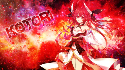 HD desktop wallpaper featuring Kotori Itsuka from the anime Date A Live, set against a vibrant celestial background. The image showcases her in dynamic red tones with her name prominently displayed.