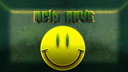 HD desktop wallpaper featuring a bright yellow smiley face with Acid Rave text above, capturing the energetic vibe of music and rave culture.