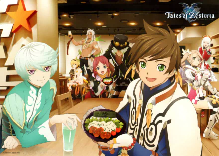 An HD desktop wallpaper featuring characters from Tales of Zestiria the X, with two characters enjoying a meal in a lively dining setting, surrounded by companions.