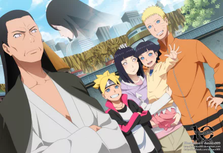 A vibrant HD wallpaper featuring characters Hiashi Hyūga, Neji Hyūga, Himawari Uzumaki, Boruto Uzumaki, Hinata Hyuga, and Naruto Uzumaki from the anime series Boruto.