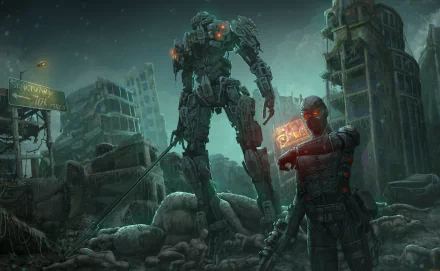 A futuristic mech and armored soldier stand amidst a ruined cityscape, captured in a detailed sci-fi HD PC desktop wallpaper.