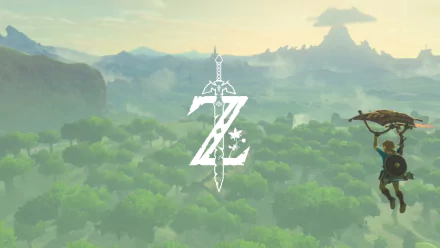 HD desktop wallpaper featuring Link from Nintendo's The Legend of Zelda: Breath of the Wild, gliding over a vast, lush landscape with the game's logo prominently displayed in the center.