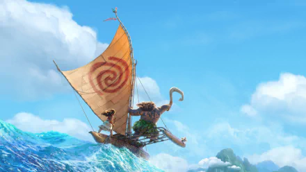 HD desktop wallpaper featuring a scene from Disney's Moana, showing a boat sailing on clear blue ocean waters under a bright sky.
