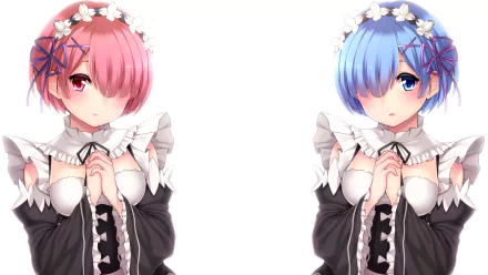 HD wallpaper featuring Rem and Ram from Re:Zero - Starting Life in Another World, dressed in maid outfits, standing side by side on a white background.