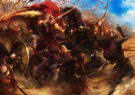 HD wallpaper featuring dynamic battle scene from Fate/Zero, showcasing Assassin and Rider amidst a fierce clash, with vivid colors and dramatic action.