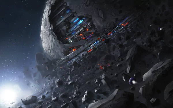 Sci-fi HD desktop wallpaper featuring a futuristic moon base built into a crater, with glowing lights and structures, amid a rocky lunar landscape and starry backdrop.