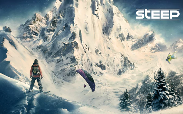 A skier gazes at majestic snow-covered mountains in this 4K Ultra HD wallpaper for the video game Steep, capturing a thrilling winter landscape.