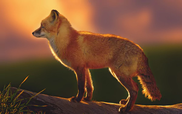 A red fox stands gracefully on a log against a softly lit background, showcasing its vibrant fur in this HD wallpaper perfect for animal lovers.