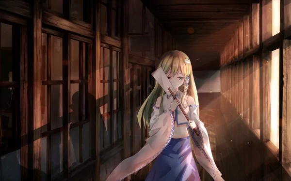 HD PC desktop wallpaper featuring Sanae Kochiya from the anime Touhou, standing in a dimly lit wooden hallway with sunlight streaming through the windows.