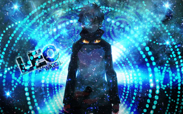 HD PC desktop wallpaper featuring Leonardo Watch from the anime Blood Blockade Battlefront, surrounded by glowing blue and teal circular patterns and digital effects.