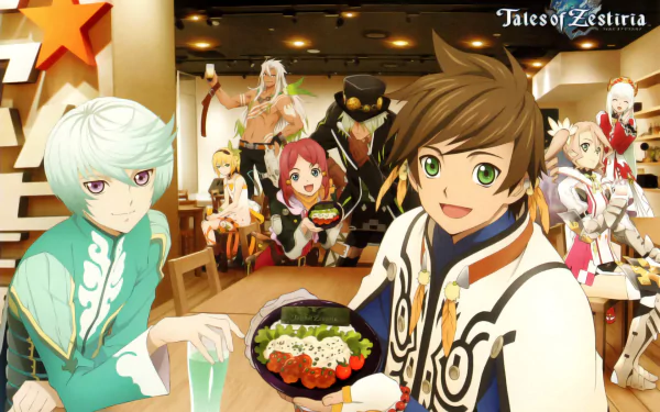 An HD desktop wallpaper featuring characters from Tales of Zestiria the X, with two characters enjoying a meal in a lively dining setting, surrounded by companions.