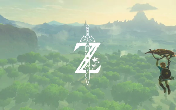 HD desktop wallpaper featuring Link from Nintendo's The Legend of Zelda: Breath of the Wild, gliding over a vast, lush landscape with the game's logo prominently displayed in the center.