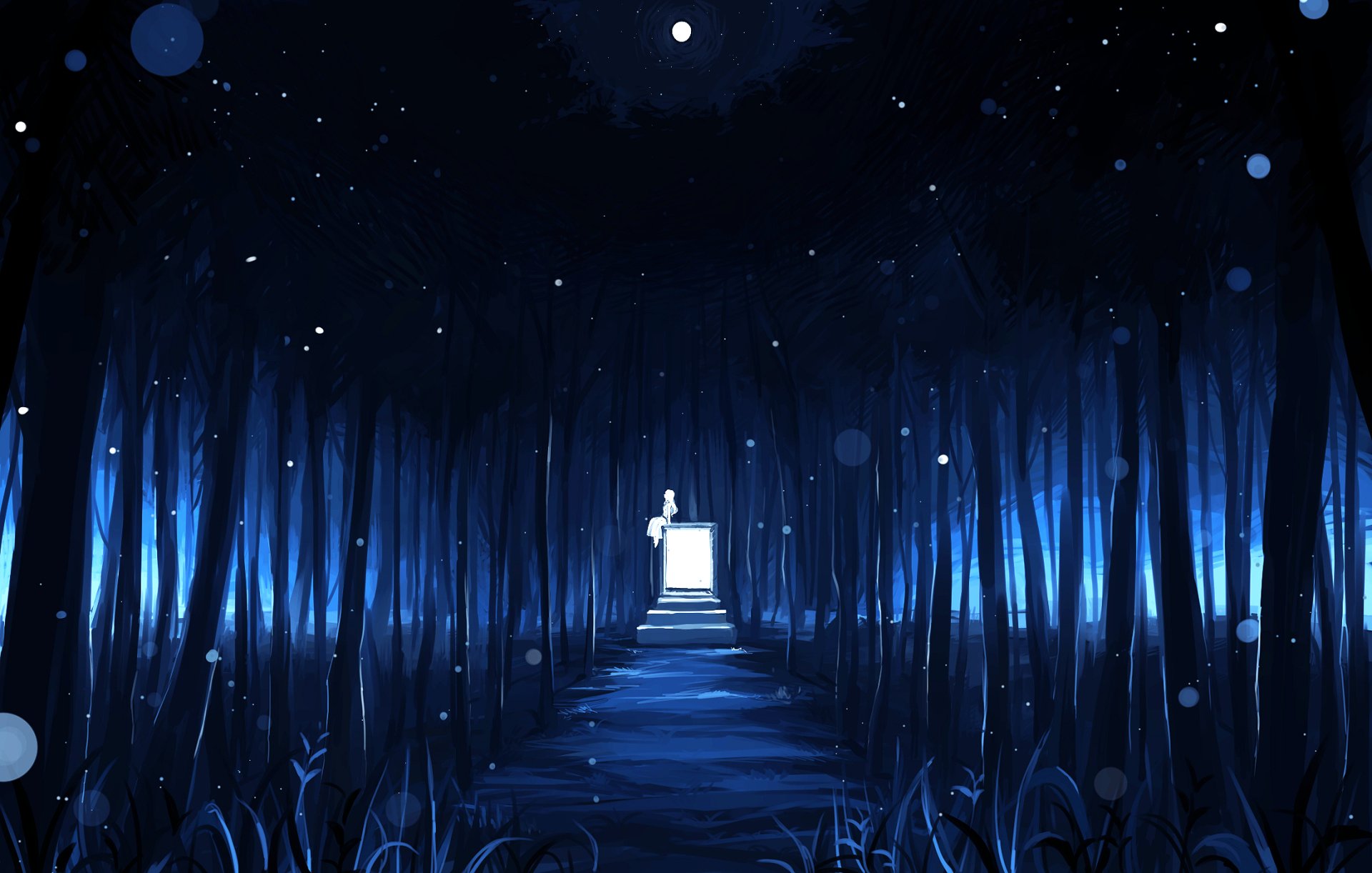 Anime-style HD desktop wallpaper depicting a mysterious, glowing blue forest path at night with a bright light source in the distance, creating an atmospheric forest scene.