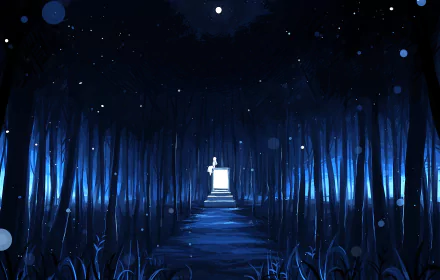 Anime-style HD desktop wallpaper depicting a mysterious, glowing blue forest path at night with a bright light source in the distance, creating an atmospheric forest scene.
