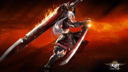 HD PC desktop wallpaper from the video game Revelation Online, featuring a fiery warrior wielding two swords against a dynamic orange and black background.