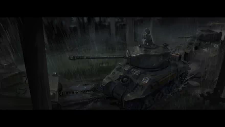 A HD desktop wallpaper featuring Kay from Girls und Panzer, with a dramatic scene of a tank in a rain-soaked landscape, showcasing the anime's unique art style.