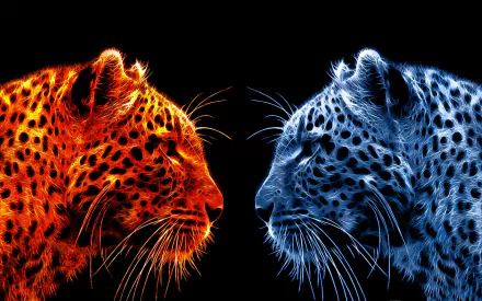 HD PC desktop wallpaper of two leopards facing off: one burning in orange fire, the other cloaked in blue ice — a fire-and-ice animal background.