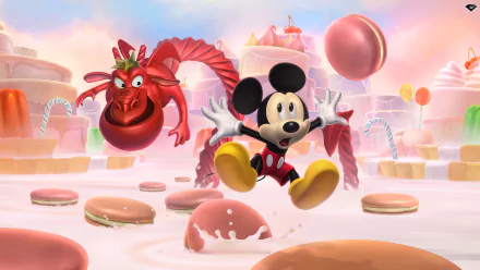 Video game HD PC desktop wallpaper: Castle of Illusion Starring Mickey Mouse — Mickey leaps across a candy-coated landscape while a red dragon pursues him beneath pastel castle towers.