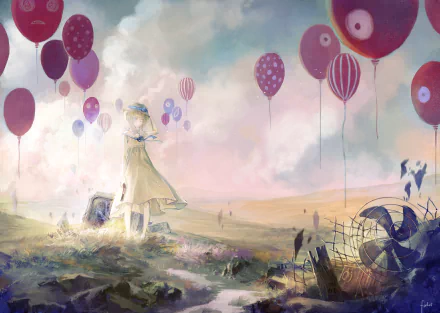 A blonde girl with short hair in a flowing dress stands amid colorful balloons in a dreamy landscape, showcasing original anime art in vibrant HD detail.