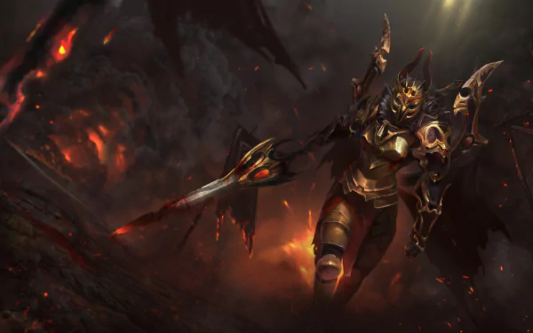 A fierce warrior clad in ornate armor wields a sword, embodying the Legion Commander from DotA 2. The dramatic background enhances this HD desktop wallpaper's epic appeal.
