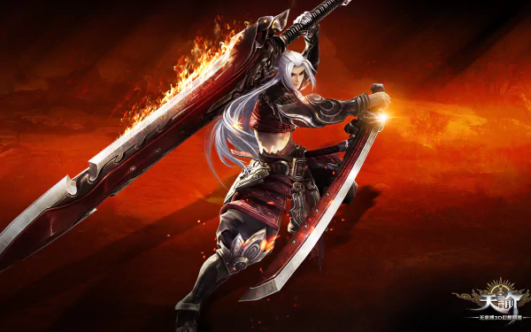 HD PC desktop wallpaper from the video game Revelation Online, featuring a fiery warrior wielding two swords against a dynamic orange and black background.